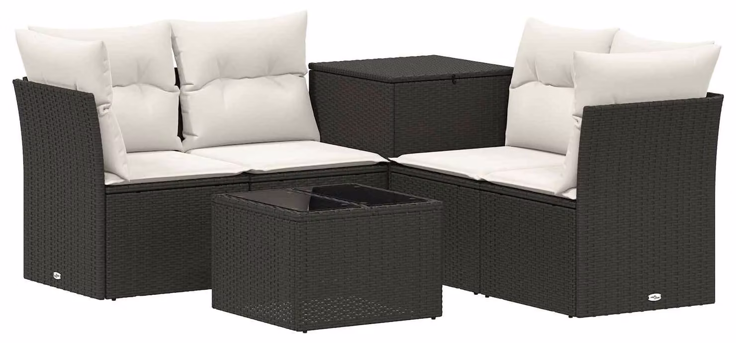 Set di divani da esterno, 6 pezzi. Colore: nero e crema. Materiali: rattan sintetico e acciaio