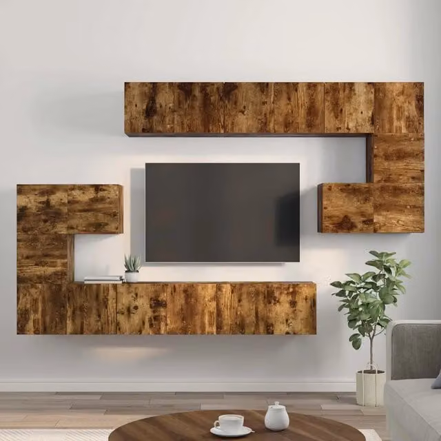 Set di mobili porta TV da 10 pezzi vidaXL in legno multistrato colore rovere fumo marrone per soggiorno – 1