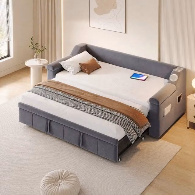Divano letto imbottito estraibile 90/180 x 190 cm in velluto grigio con Bluetooth e USB
