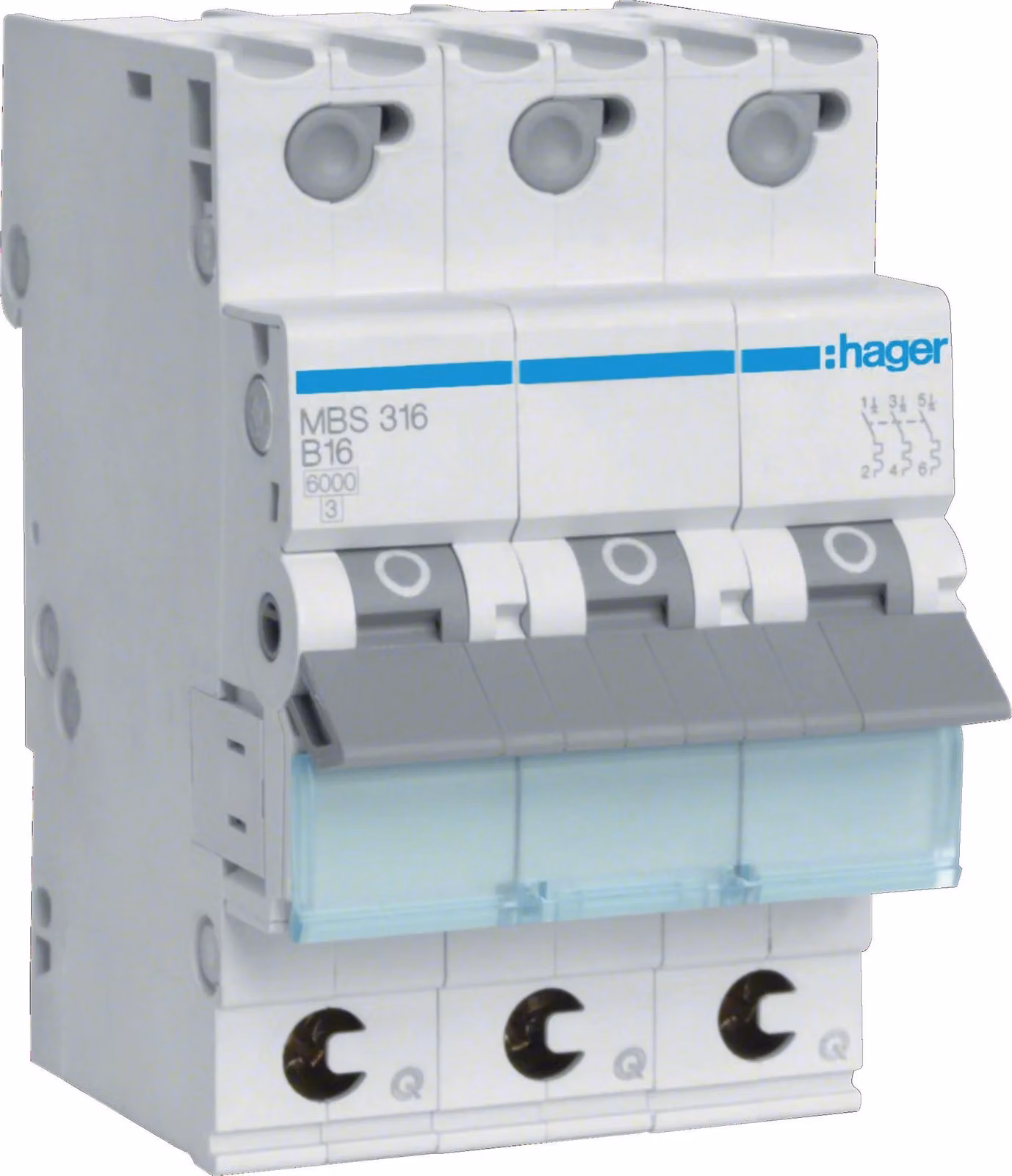 Interruttore LS Hager a 3 poli, 6 kA, caratteristica B, 16 A Hager MBS316, 1 pz.