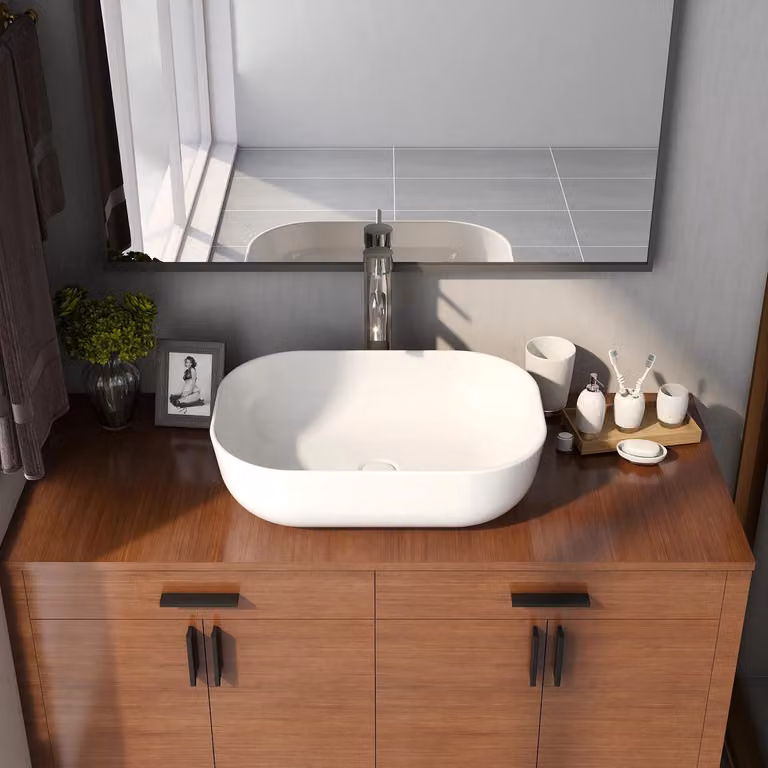 Lavabo ovale – Lavabo da appoggio – Vetroceramica – 50 x 40 x 14,5 cm – Capacità: 9 litri – Senza foro per rubinetto – Bianco