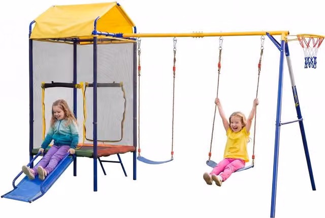 Gioco da esterno multifunzionale 4-in-1 GL Store con trampolino, rete di sicurezza, altalena e scivolo, Multicolore, L: 336 cm, P: 217 cm, H: 238 cm