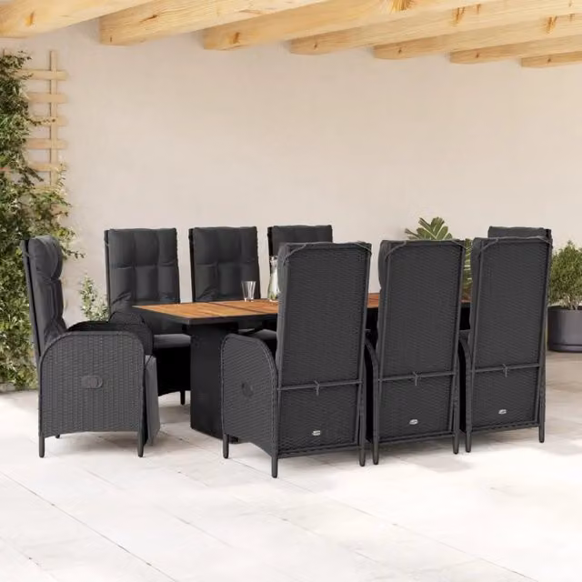 Set da pranzo da giardino vidaXL in legno di acacia oliato e rattan nero con 9 pezzi