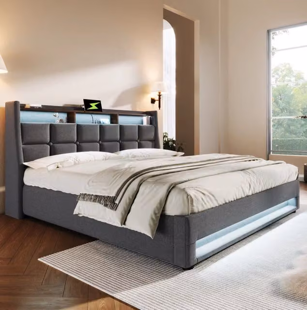 Letto matrimoniale imbottito ULEVR 180x200 cm con contenitore a gas, LED e 2 USB, lino grigio
