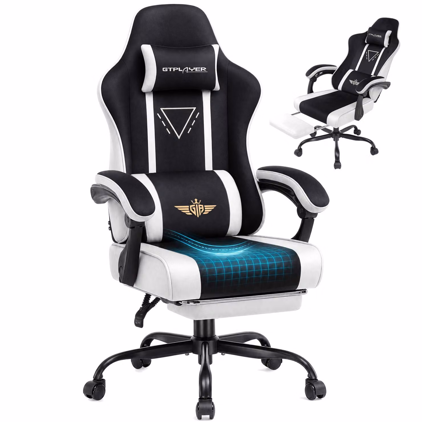 Sedia da gaming GTPLAYER, ergonomica, con rivestimento in tessuto, cuscino imbottito, braccioli regolabili e poggiapiedi, capacità di carico fino a 150 kg