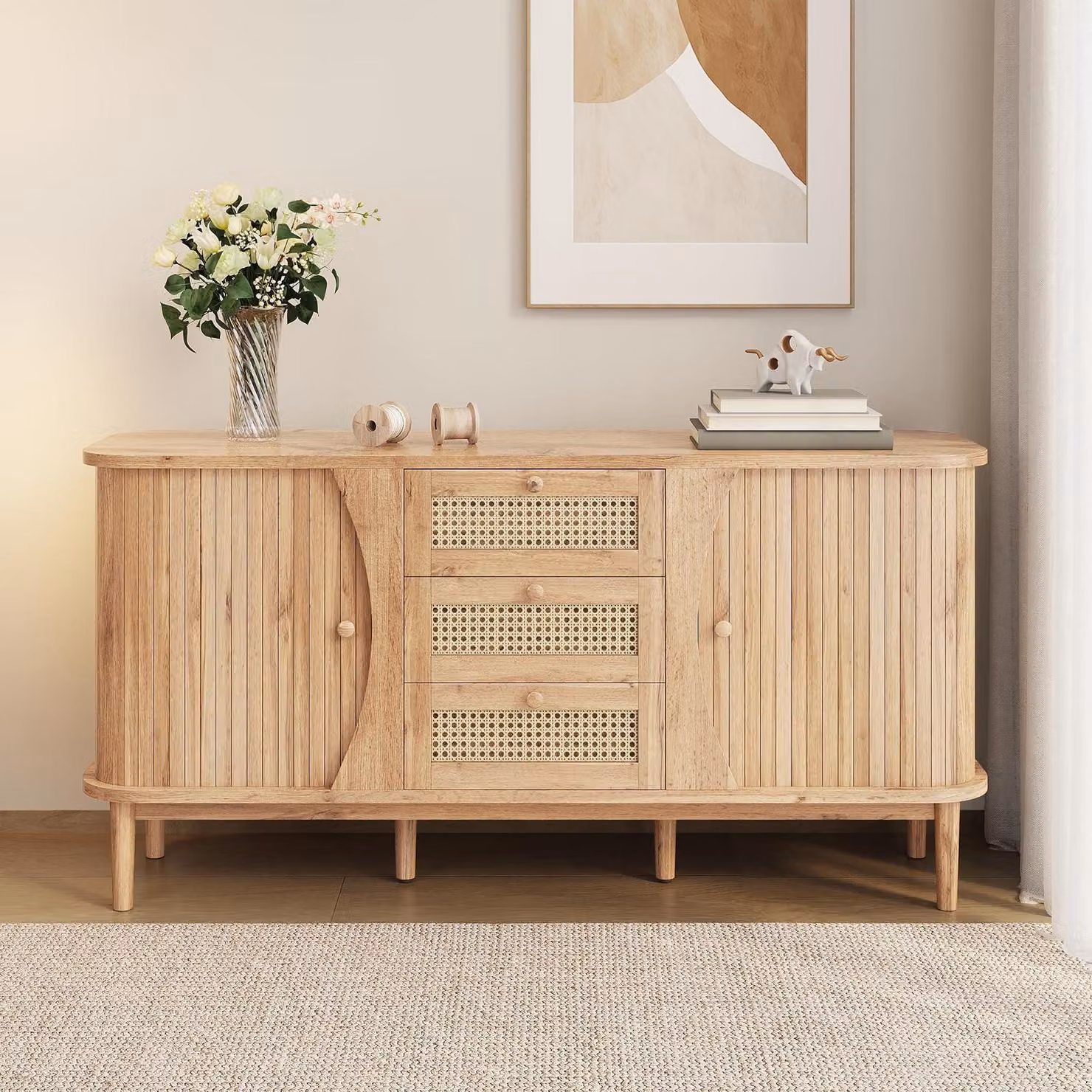 Comodino stretto con 2 cassetti e 2 ante, dimensioni 140,5 x 40 x 76 cm, aspetto legno, rattan
