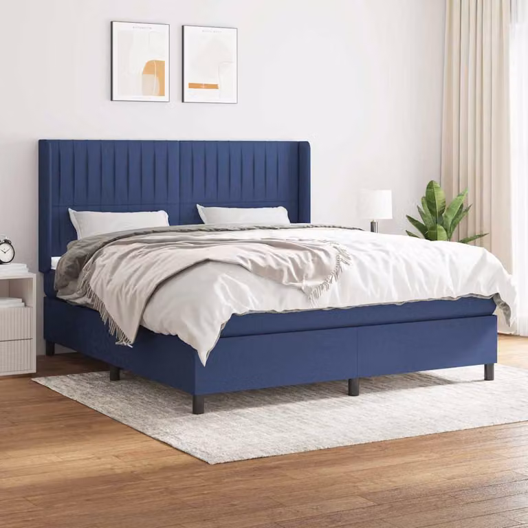 vidaXL Giroletto a Molle Ibrido con Materasso in Tessuto Blu e Bianco, L/P/H: 183 x 200 x 128 cm