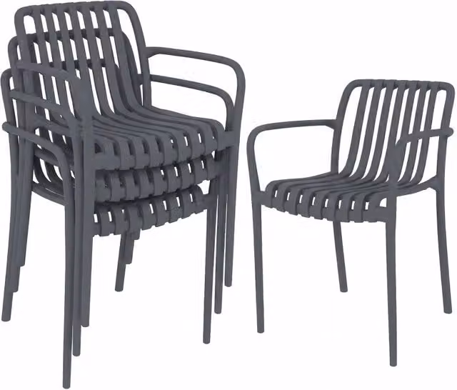 Set di 4 sedie da giardino impilabili con braccioli a doghe, ergonomiche, grigio scuro
