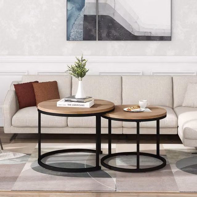 Set di 2 Tavolini da Salotto Rotondi Moderni in MDF e Metallo, Design Salvaspazio Impilabile, Colore Rovere Naturale, L/P/H: 50 x 70,5 cm e 45,5 x 44 cm – 1