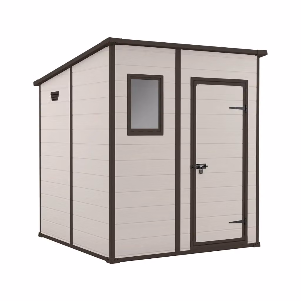Casetta da giardino DMORA Cranbrook, capanno da esterno e ripostiglio per attrezzi in plastica con finestra e porta singola, Beige, L: 184 cm, P: 185 cm, H: 200 cm – 2