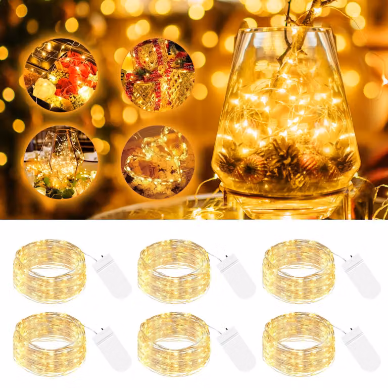 6 catene luminose a batteria, lunghezza 2 metri, con 20 LED, adatte per illuminazione interna ed esterna