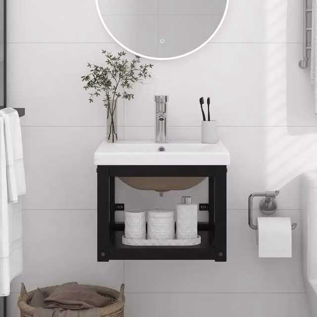 Lavabo da bagno moderno vidaXL con telaio in metallo nero e lavabo in ceramica bianca a parete L: 40 cm, P: 31 cm, H: 38 cm – 1