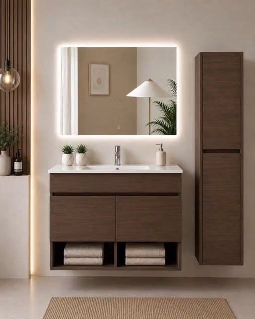 Mobile bagno sospeso con lavabo ORIGENBATH NEBARI con ante con colonna 120x45 cm 1 vasca frassino tea con colonna