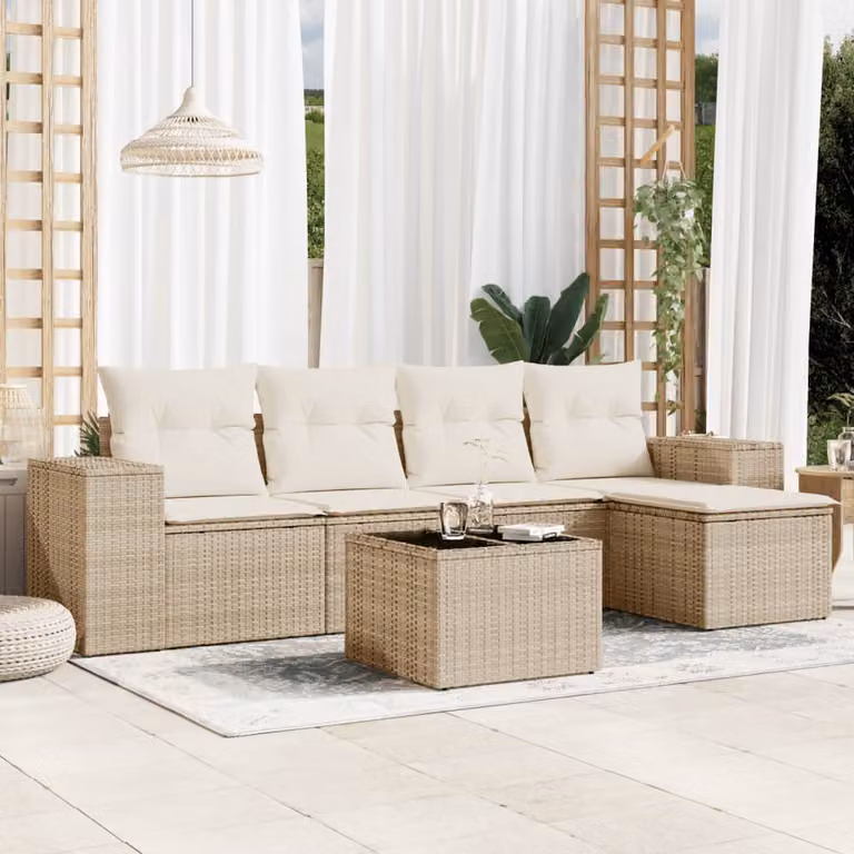 vidaXL Set Divano da Giardino a L 6 pz con Cuscini Beige e Tavolino in Vetro
