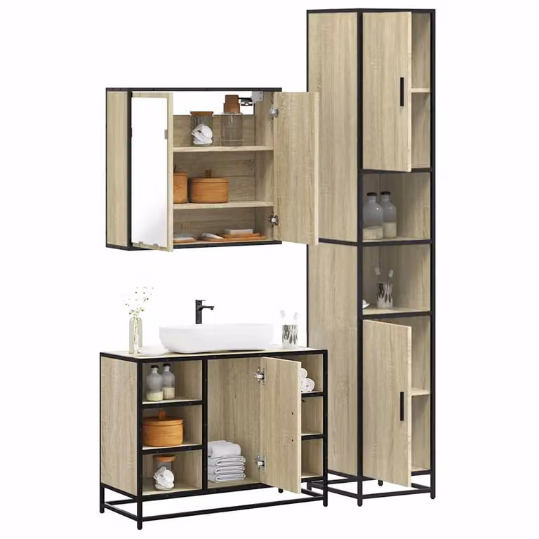 Set di mobili da bagno industrial vidaXL in legno e metallo marrone con armadietto specchio e mobile lavabo L/P/H: 80 x 33 x 60 cm