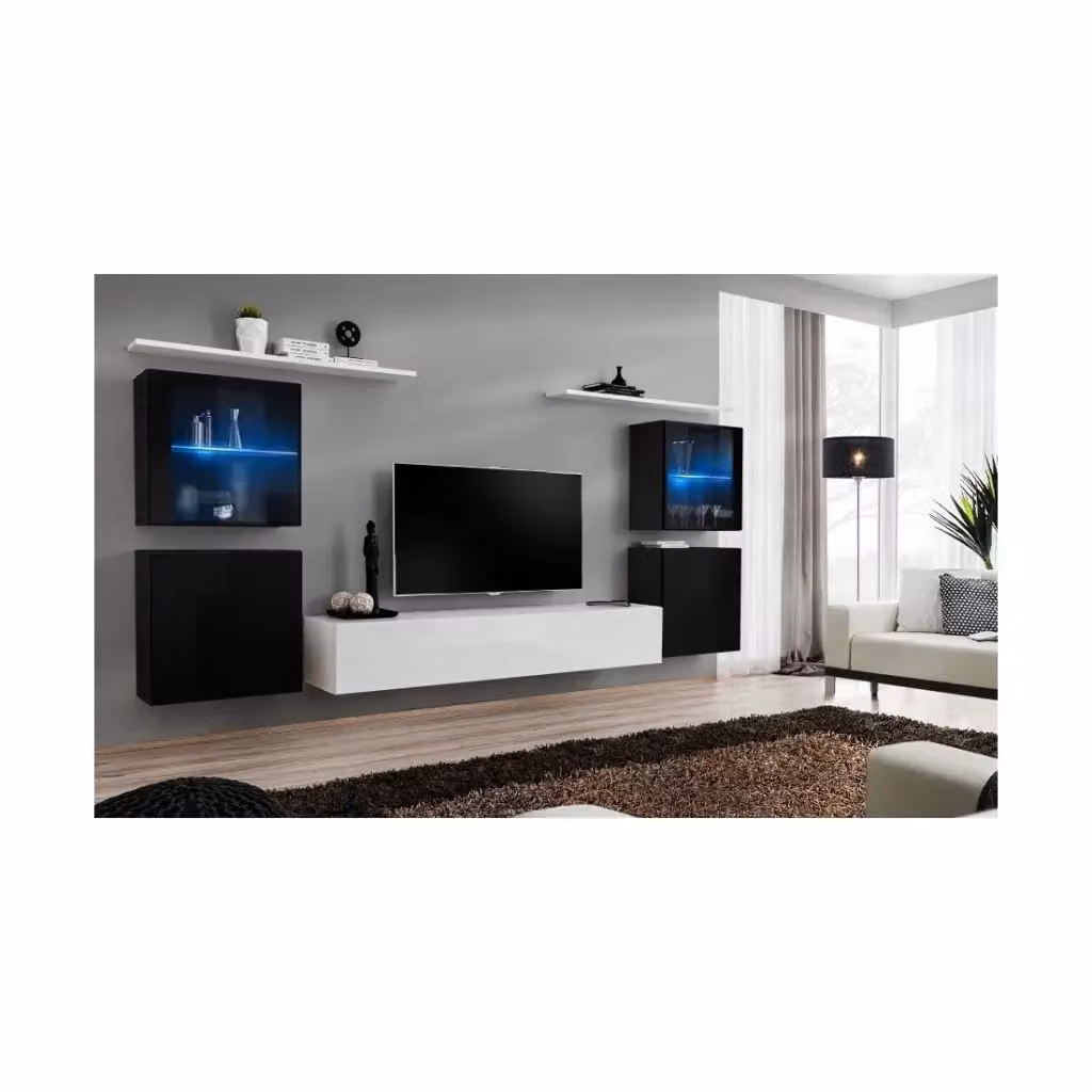 Composizione murale Meublorama SWITCH XIV mobile TV sospeso bianco e nero lucido con LED L: 160 cm, P: 40 cm – 2