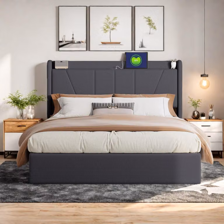 Letto matrimoniale INONEFT, dimensioni 160x200 cm, con rete a doghe e base di ricarica, letto contenitore idraulico con testiera imbottita, per due persone, tessuto in lino, colore grigio