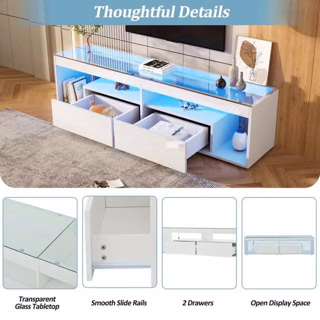 Mobile TV Minimal Bianco lucido con LED e 2 cassetti, adatto per TV fino a 70 pollici, per soggiorno e camera da letto