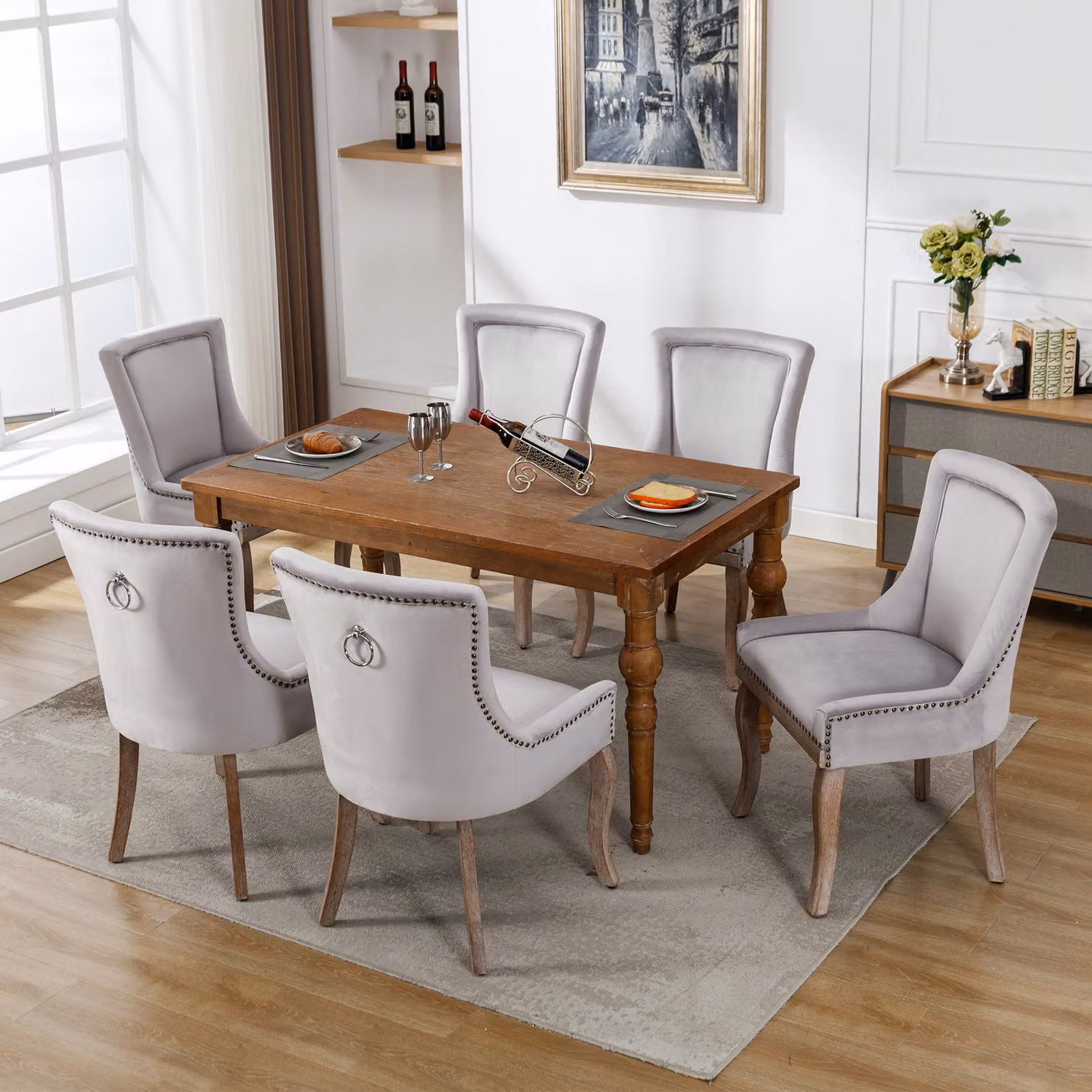 okwish, sedia da pranzo set da 6, sedia da cucina, sedia da soggiorno, poltrona, sedia multifunzionale con decorazioni a chiodini, gambe in legno massello, rivestimento in velluto, color beige