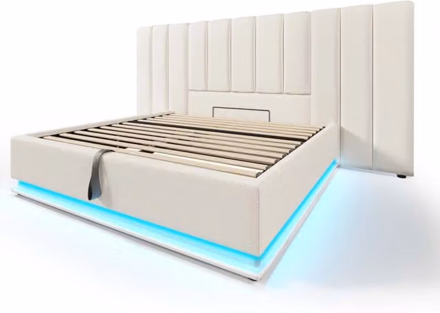 Letto matrimoniale imbottito 180x200 con LED controllabile via app e ricarica USB-C, struttura in PU bianco con rete a doghe, senza materasso e comodino