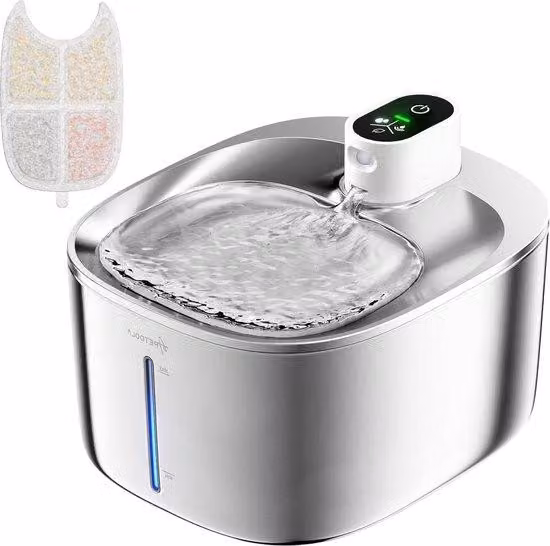 Distributore d'acqua per gatti in acciaio inossidabile, senza fili, da 4 litri con sensore di movimento - funziona con batterie da 4000 mAh - unità di erogazione dell'acqua estremamente silenziosa con filtro multistrato - lavabile in lavatrice