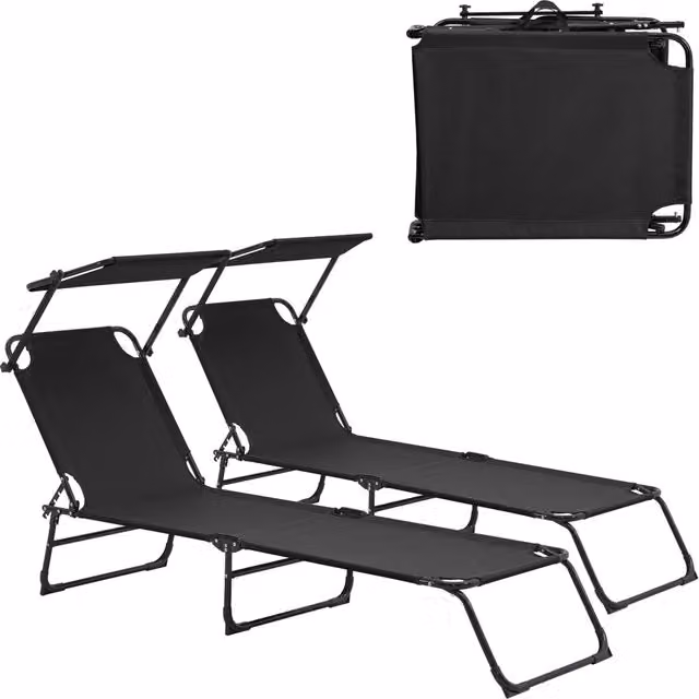 Set di 2 Lettini Prendisole CASA.PRO con Tettuccio Parasole e Schienale Reclinabile in Textilene Nero