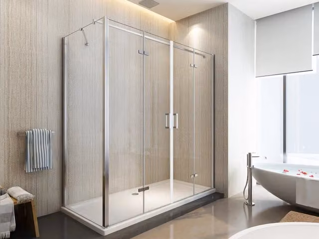 Box doccia Sicena Rasac rettangolare con porta a libro a 4 ante e parete fissa laterale, cristallo trasparente 6mm, H 190 cm, L 270 cm, Fisso 80 cm + Porta 190 cm