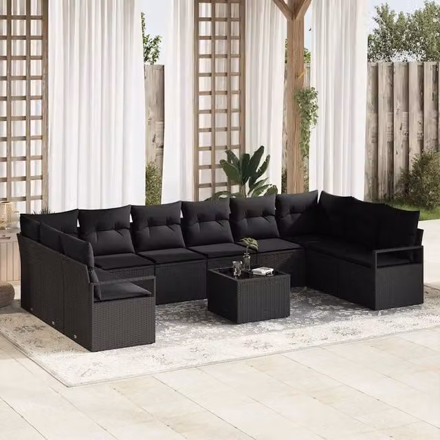 Set di 11 divani da giardino vidaXL in polyrattan nero con struttura in metallo