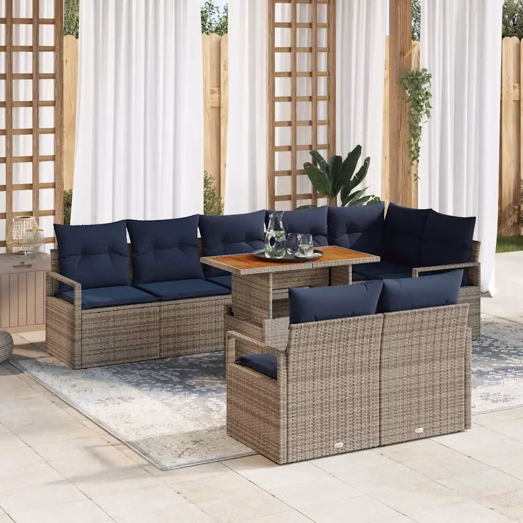 Set Divano da Giardino vidaXL 9 Pezzi in Polyrattan con Legno di Acacia Grigio e Blu Navy per 8 Persone