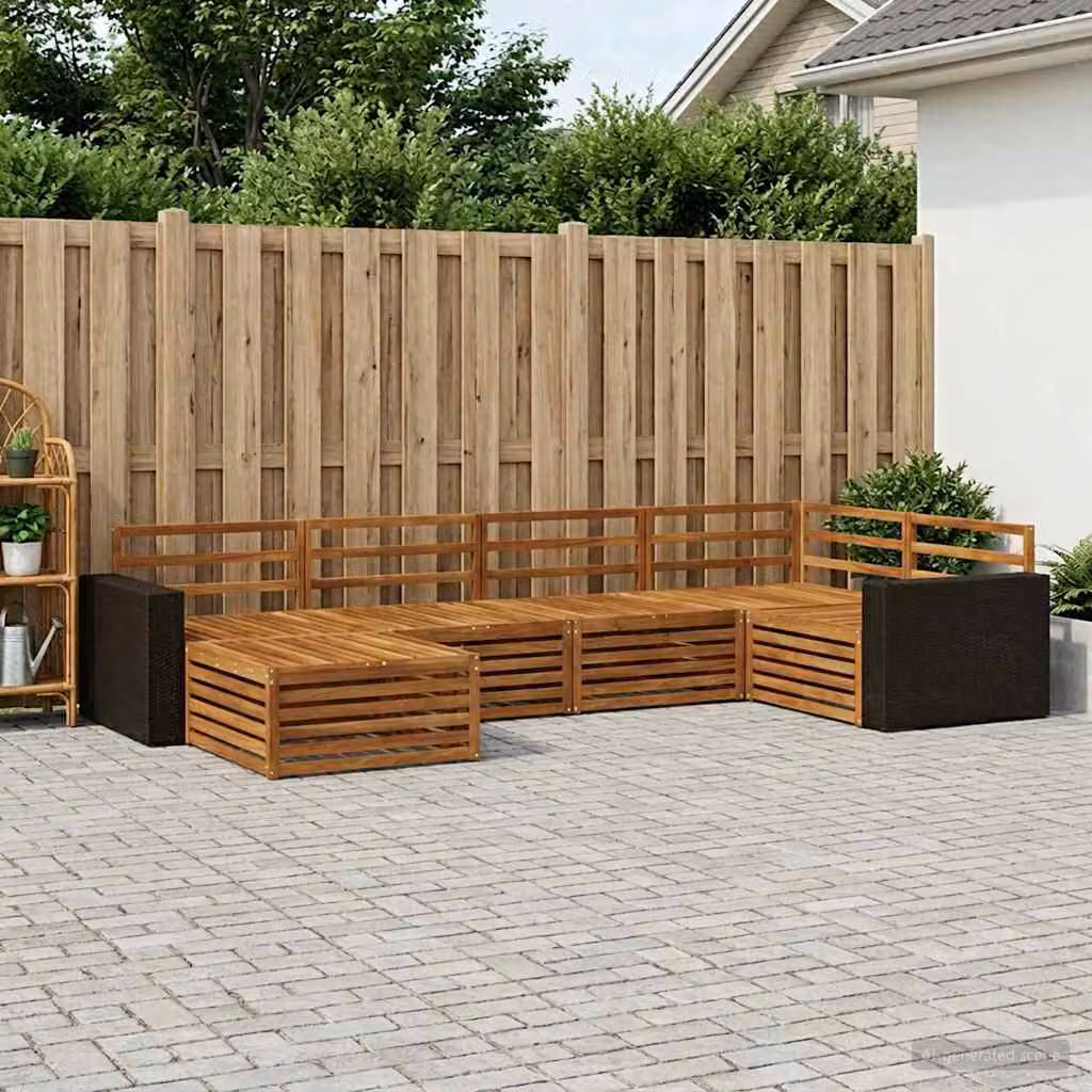 Set di divani da esterno vidaXL a forma di L in legno di acacia marrone, 6 pezzi con pouf inclusi