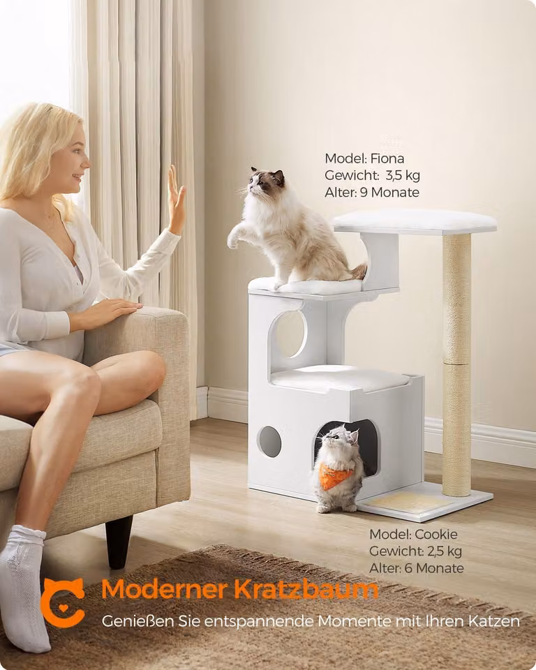 Albero per gatti – Torre da arrampicata – Pannello di fibra a media densità (MDF) – Tappezzeria in peluche – Sisal – 66 x 40 x 86 cm