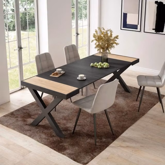 Consolle allungabile, 58 fino 222x90x73cm, Per 10 persone, Gambe in legno, colore Rovere e nero RF2791