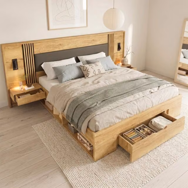 Letto matrimoniale contenitore 160 x 200 cm in MDF naturale con comodini; cassetto e faretti