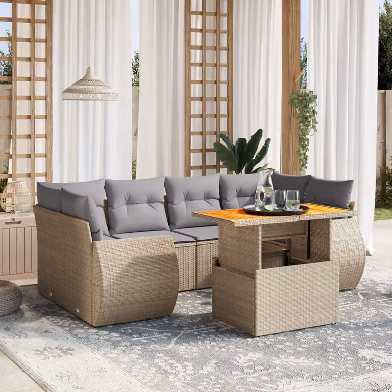 Set di Divani da Giardino vidaXL 7 pz con Cuscini Beige e Tavolino, Design Moderno a L in Polyrattan e Acciaio con Rivestimenti Rimovibili e Resistenti ai Raggi UV