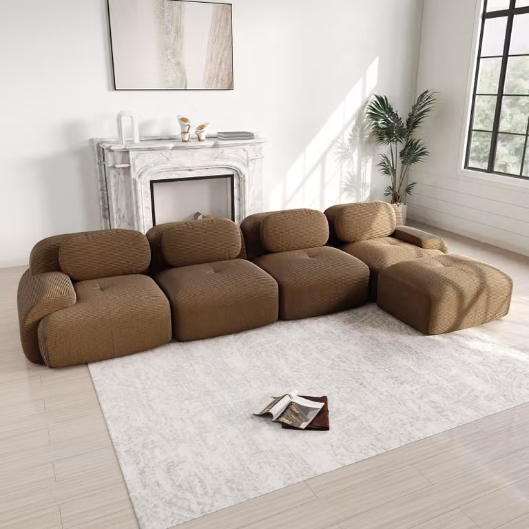 Divano angolare a 4 posti, senza struttura a vista, imbottitura in schiuma 32D, con chaise longue, braccioli extra-largi, non richiede montaggio (marrone)