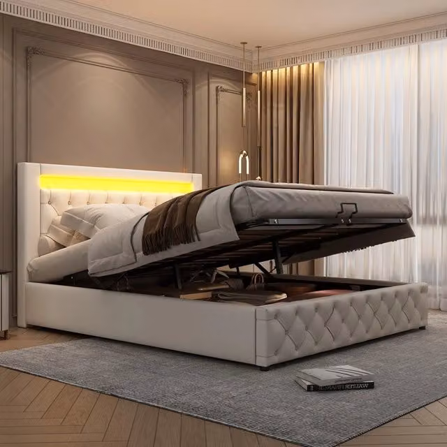 Letto Contenitore Imbottito con LED ¨C MINIMAL ¨C 140x200 cm, Bianco, PU, Rete a Doghe