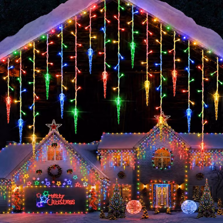 2 luci a LED a forma di stalattiti, catena luminosa effetto pioggia di neve, decorazione natalizia per esterni, 8 modalità, adatta per finestre, grondaie e decorazioni natalizie, multicolore