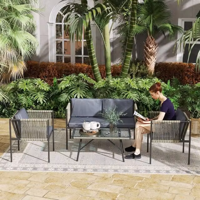 Set Divano da Giardino 4 Pezzi con Tavolo, 2 Poltrone, Cuscini, Polyrattan Grigio ¨C MINIMAL