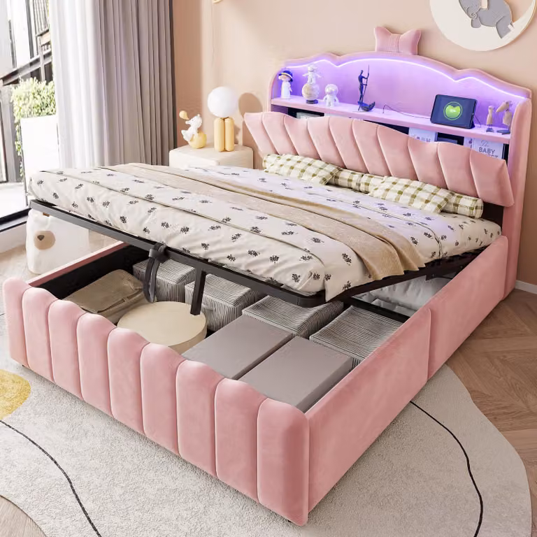 Letto per bambini MODFU, modello contenitore con molle insacchettate, dimensioni 140x200, con spazio contenitore a sollevamento idraulico, letto per ragazzi completo di materasso, letto imbottito con testiera LED, rivestito in velluto, colore rosa