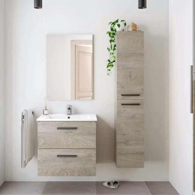 Set Mobili Bagno Martesana DMORA con Specchio, Mobile Lavabo e Colonna, Rovere Marrone