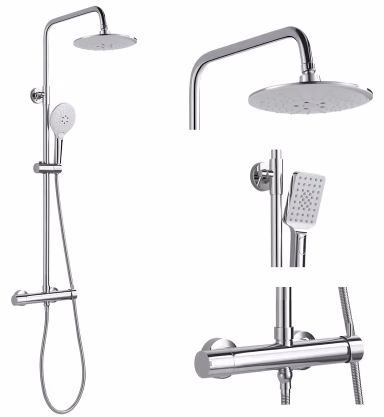 Sistema doccia con soffione a pioggia da 21 cm, 3 getti, regolabile in altezza, cromato