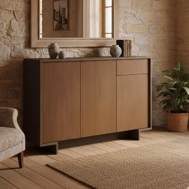 Credenza Arius DMORA, Madia e Buffet da soggiorno moderna con 3 ante e 1 cassetto, Marrone, L: 134 cm, P: 35 cm, H: 87 cm – 1