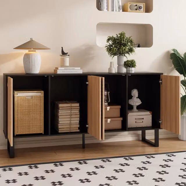 Mobile TV con ante a righe e vani aperti, per soggiorno e ingresso, in MDF e truciolare nero naturale, 160 × 38 × 75 cm