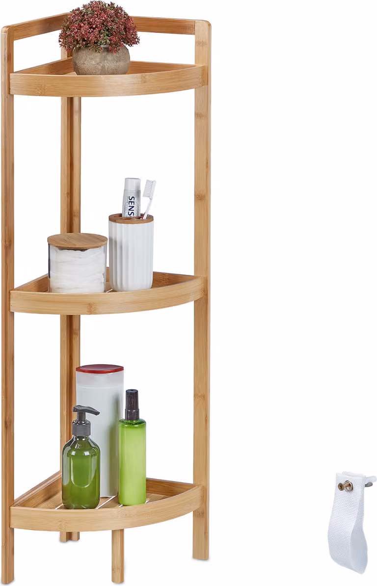 Relaxdays Scaffale angolare in bambù, 3 ripiani semicircolari, L x P x A: 90 x 36,5 x 26 cm, scaffale da appoggio per bagno e cucina, salvaspazio, naturale