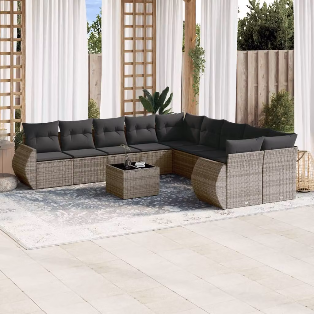 Set di Divani da Giardino vidaXL 11 pz in Polyrattan Grigio con Cuscini e Tavolino da Esterno a Forma di L – 1