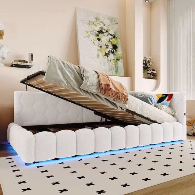 Letto singolo con rete a doghe 90 × 200 cm con vano contenitore idraulico LED USB e Type-C bianco