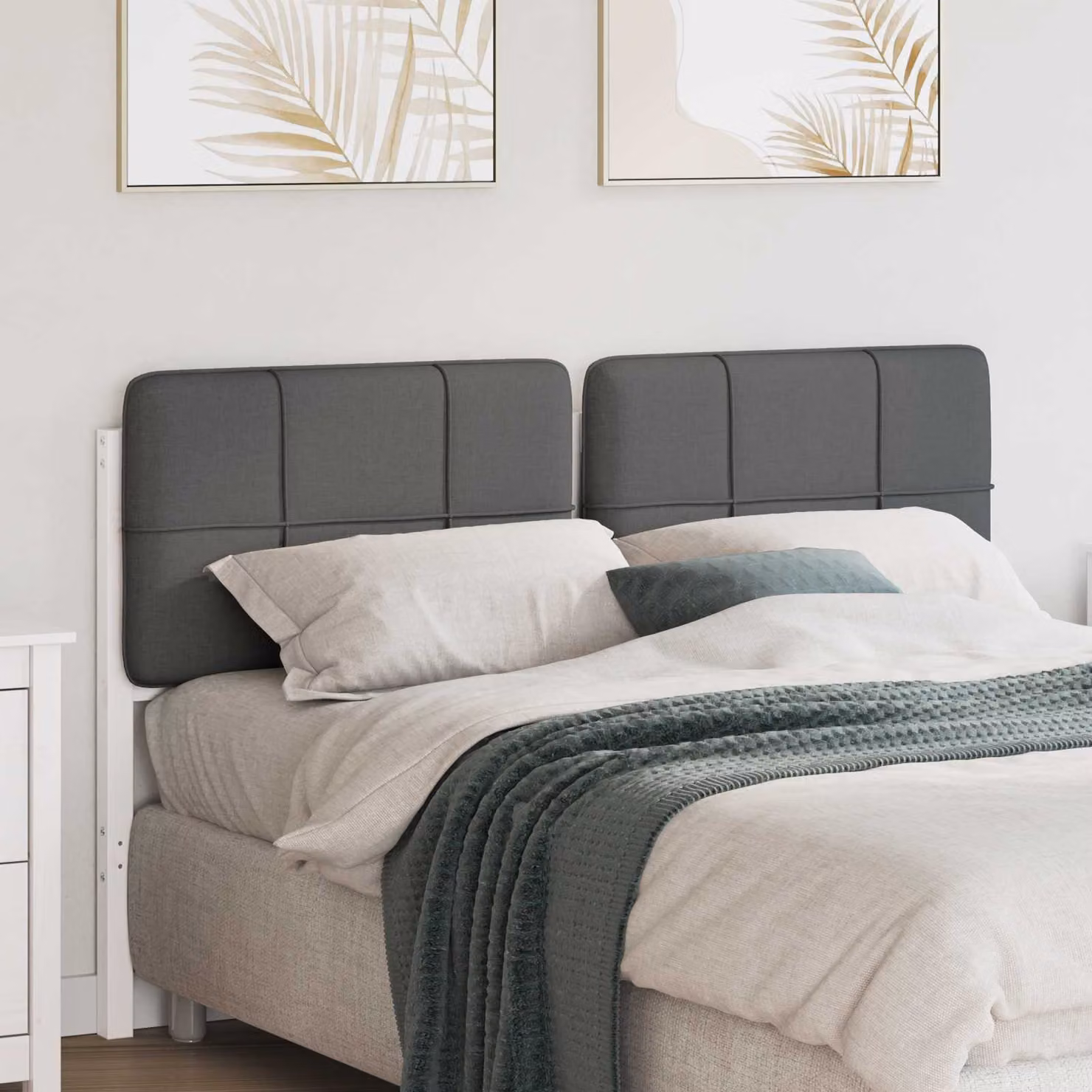 Testiera imbottita vidaXL in pino massello e tessuto, Bianco e Grigio, per letto 160x200 cm