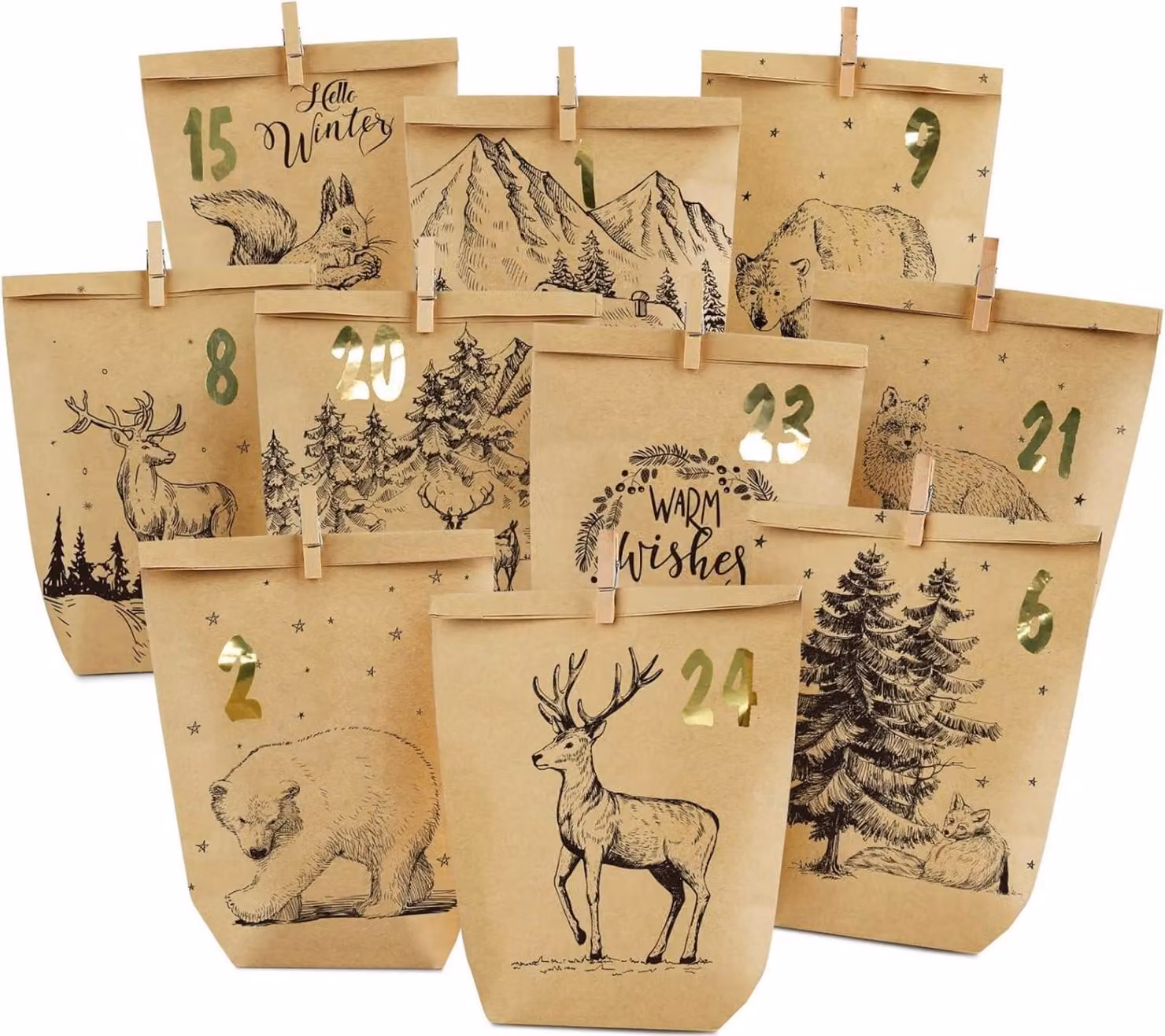 Calendario dell'Avvento Sacchetti da riempire Crafting Nero Natale 24 Motivo Animali della foresta