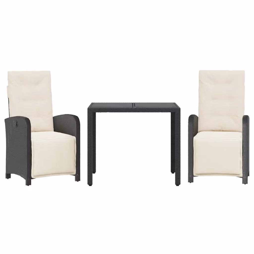 Set da Bistrò vidaXL 3 pz in Polyrattan Nero con Cuscini e Piano in Vetro per Giardino e Terrazzo – 2