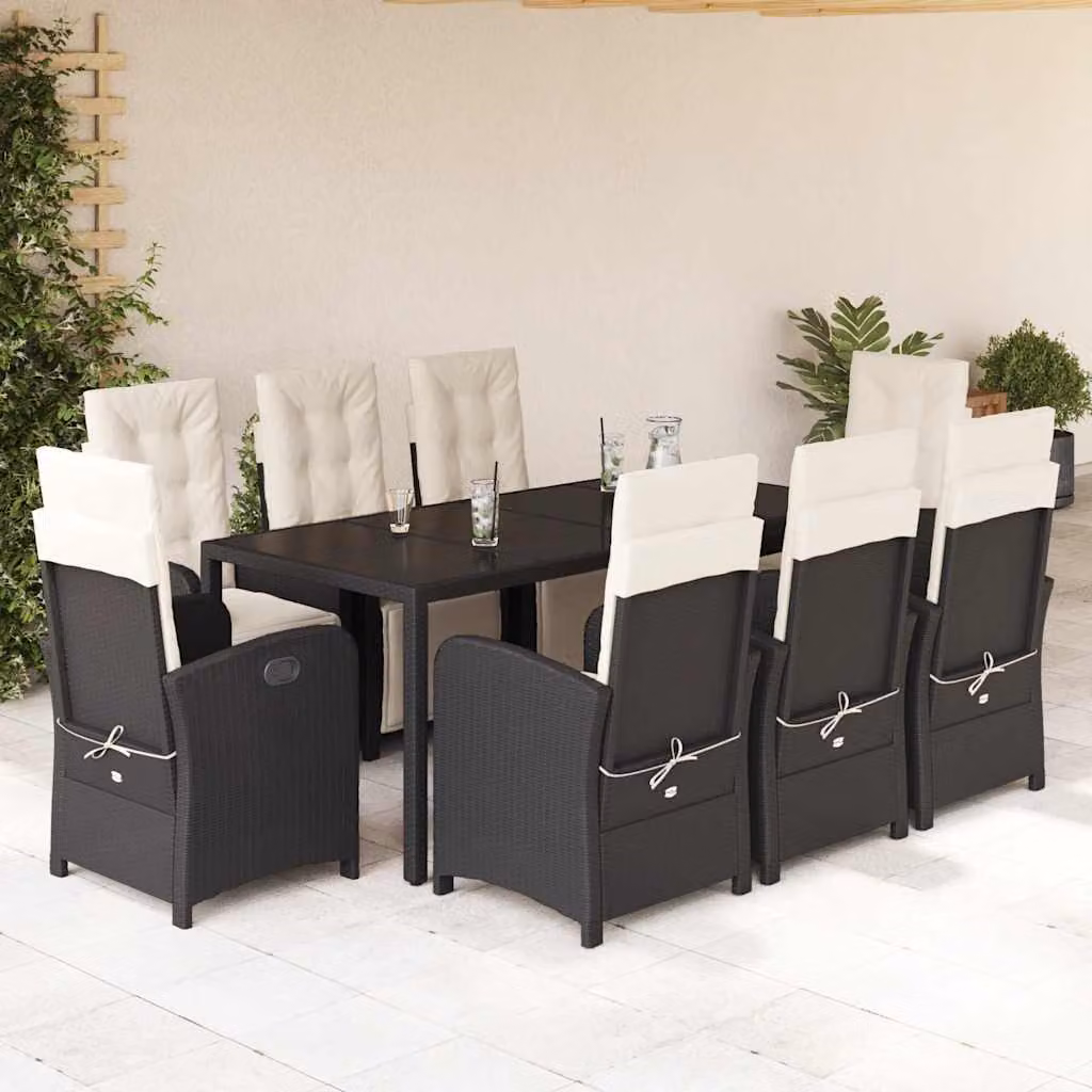 Set da Pranzo da Giardino vidaXL 9 pz in Polyrattan Nero con Cuscini e Tavolo in Vetro – 1
